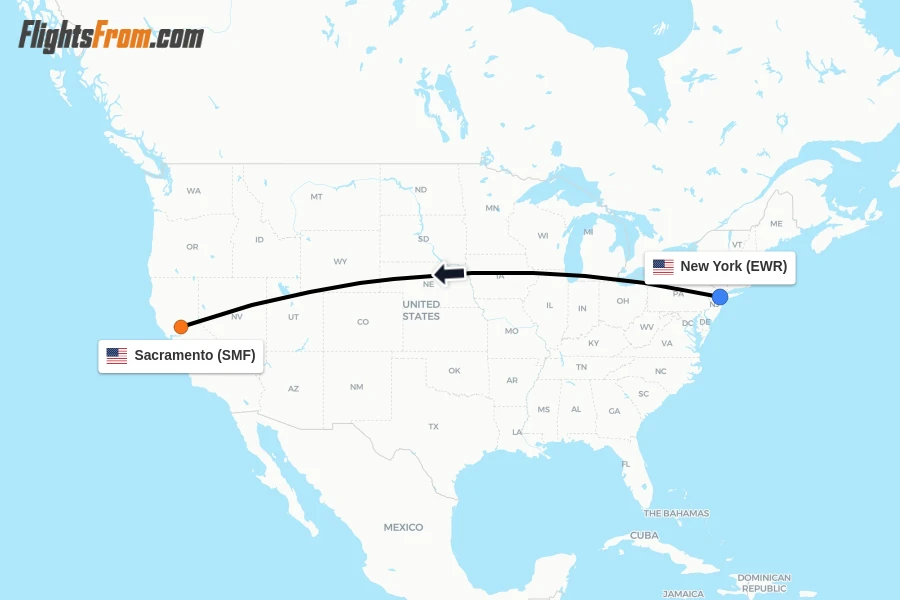 Flights from New York to Sacramento route map