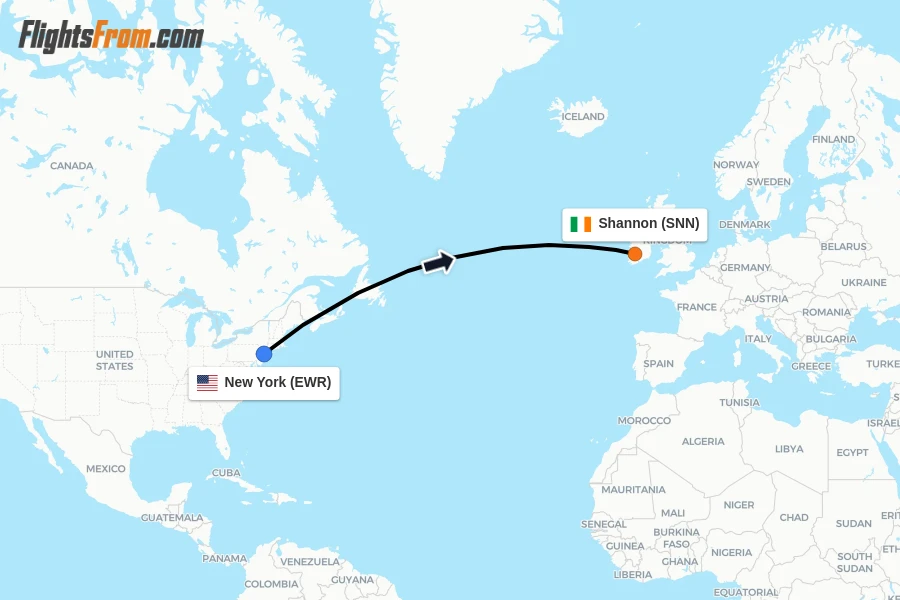 Flights from New York to Shannon route map