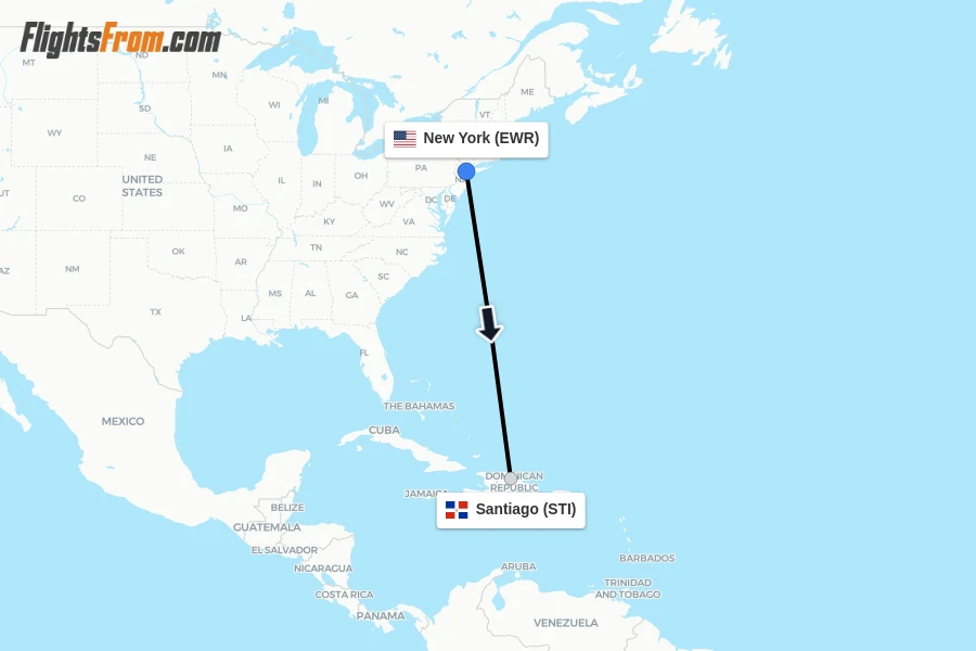 Flights from New York to Santiago route map