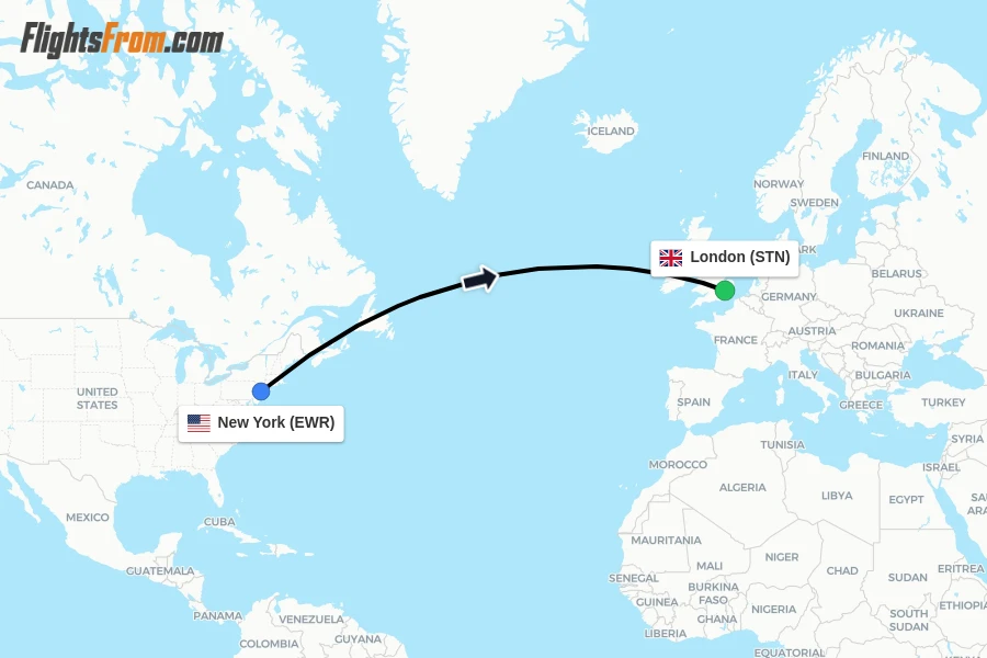 Flights from New York to London route map