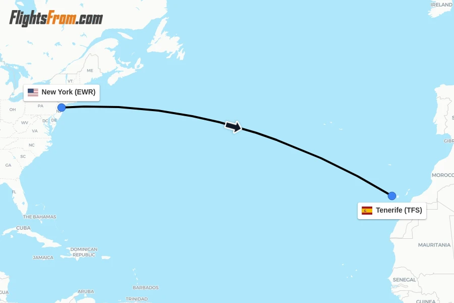 Flights from New York to Tenerife route map