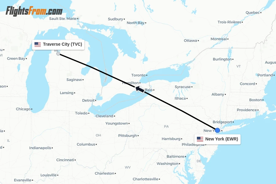 Flights from New York to Traverse City route map