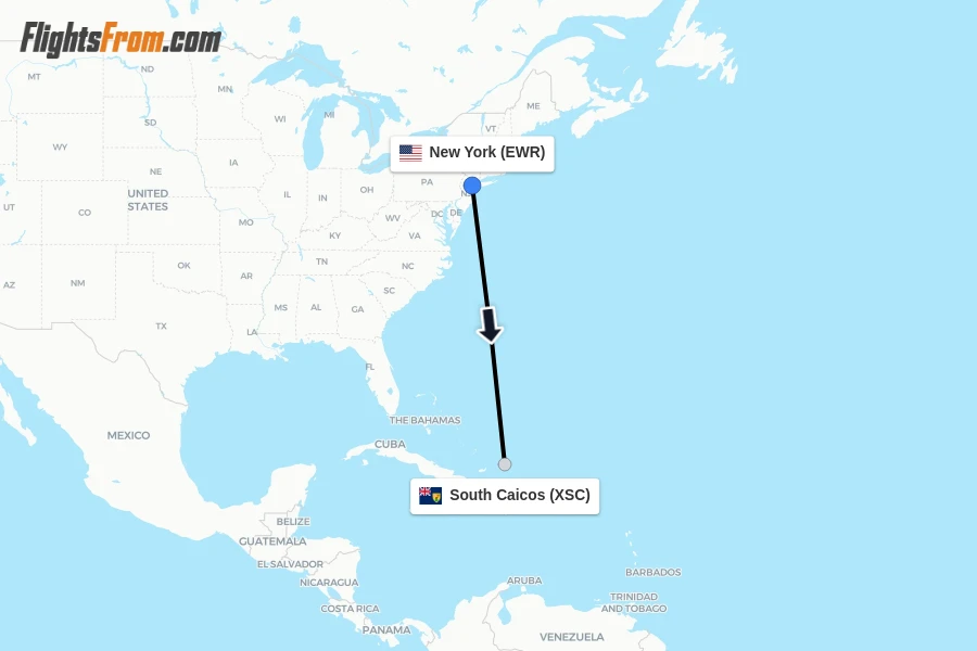 Flights from New York to South Caicos route map