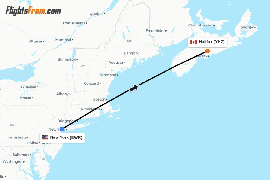 Flights from New York to Halifax route map