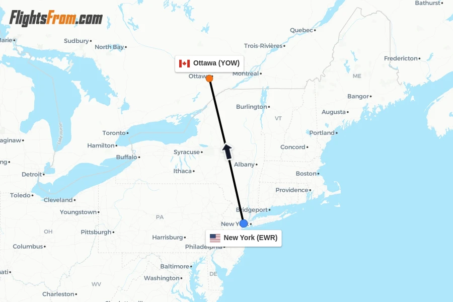 Flights from New York to Ottawa route map