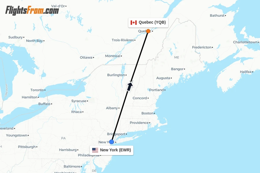 Flights from New York to Quebec route map