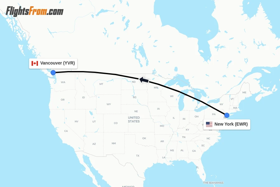 Flights from New York to Vancouver route map