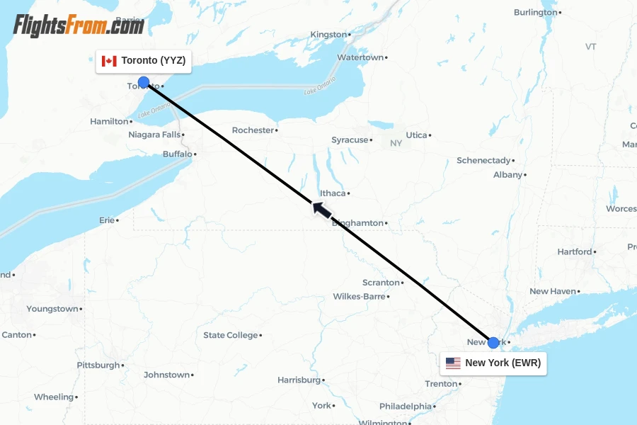 Flights from New York to Toronto route map