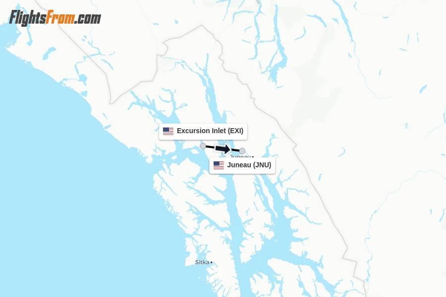 Flights from Excursion Inlet to Juneau route map