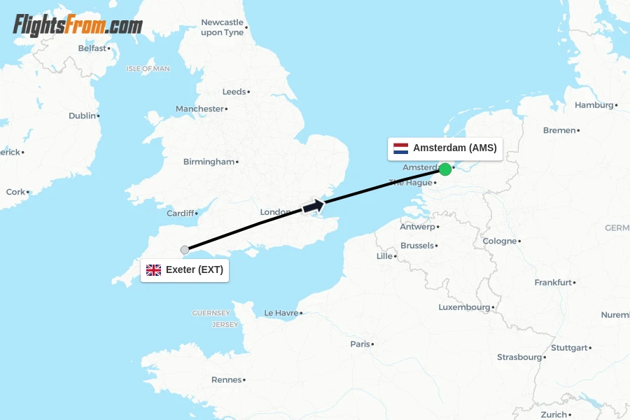 Flights from Exeter to Amsterdam route map
