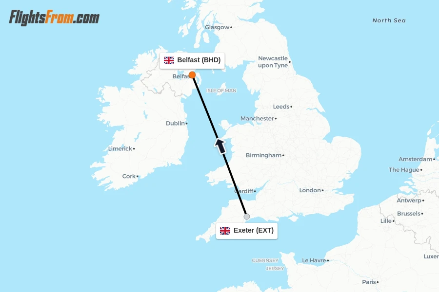 Flights from Exeter to Belfast route map