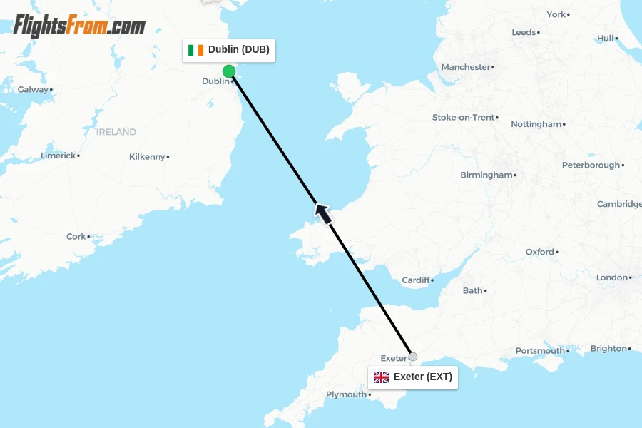 Flights from Exeter to Dublin route map