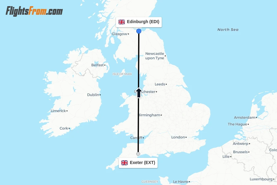 Flights from Exeter to Edinburgh route map