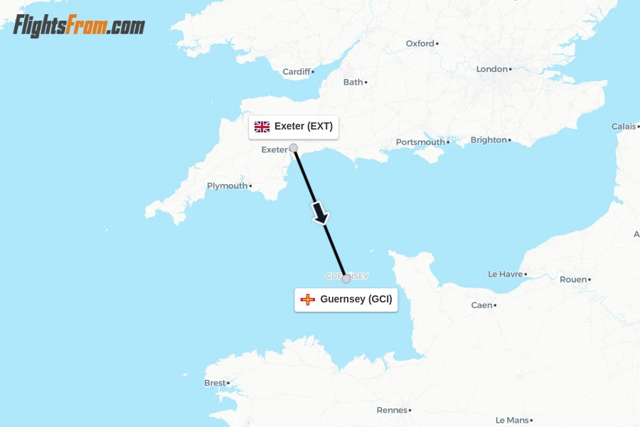 Flights from Exeter to Guernsey route map