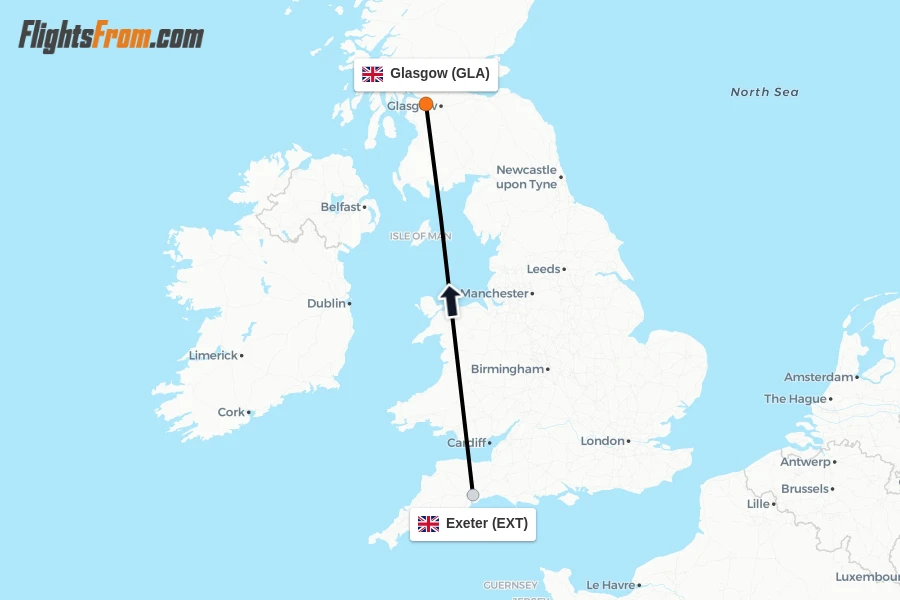 Flights from Exeter to Glasgow route map