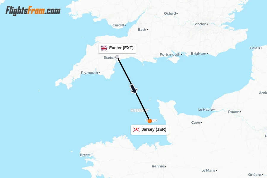 Flights from Exeter to Jersey route map