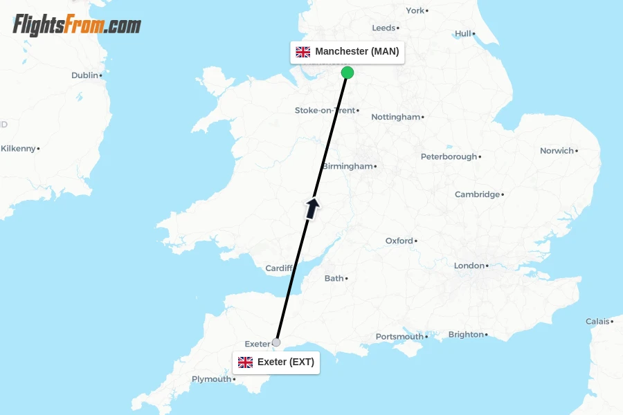 Flights from Exeter to Manchester route map