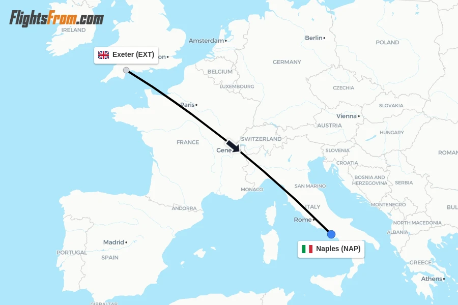 Flights from Exeter to Naples route map