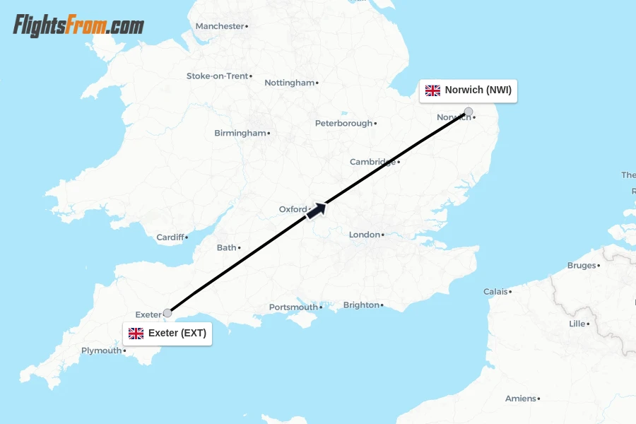 Flights from Exeter to Norwich route map