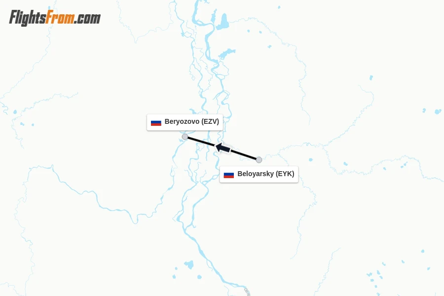Flights from Beloyarsky to Beryozovo route map