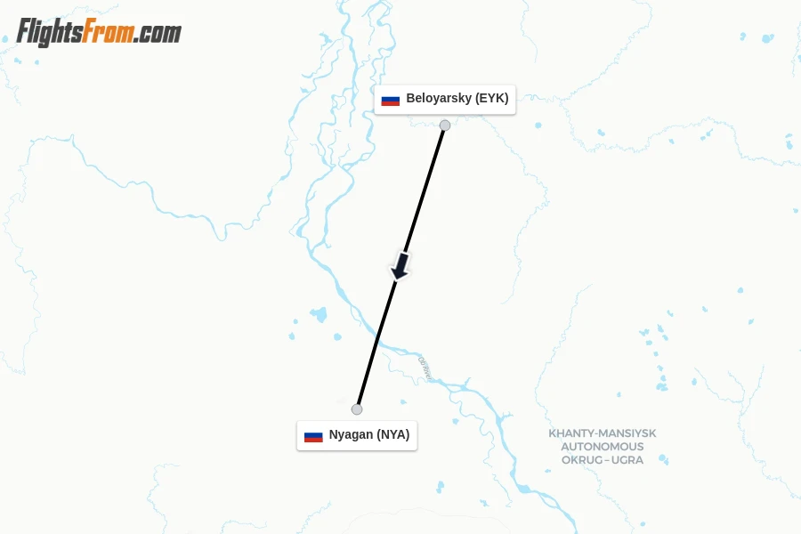 Flights from Beloyarsky to Nyagan route map