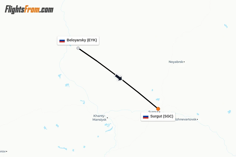 Flights from Beloyarsky to Surgut route map