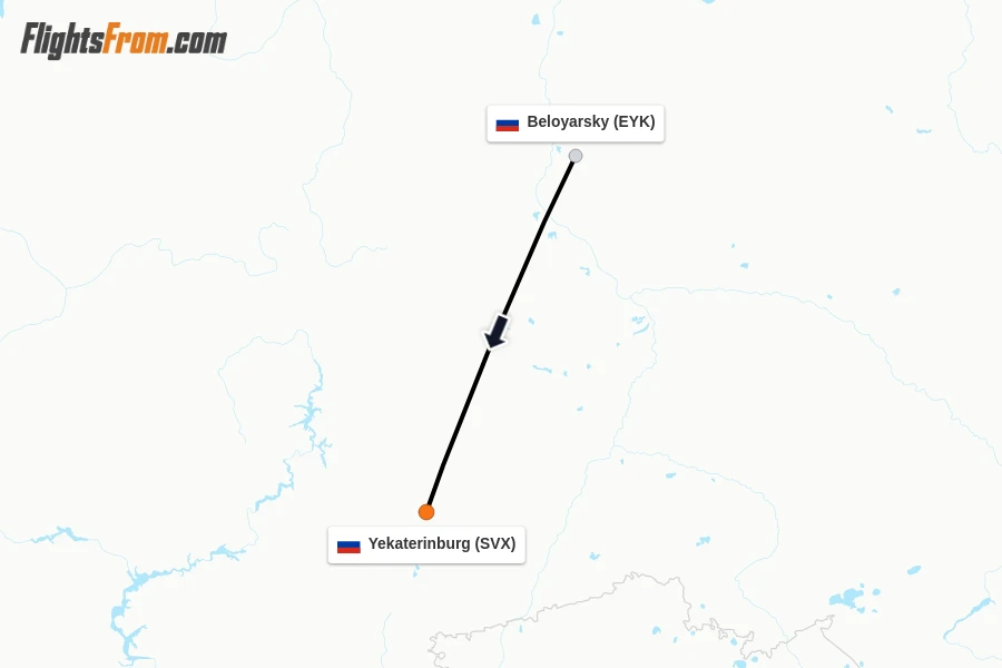 Flights from Beloyarsky to Yekaterinburg route map
