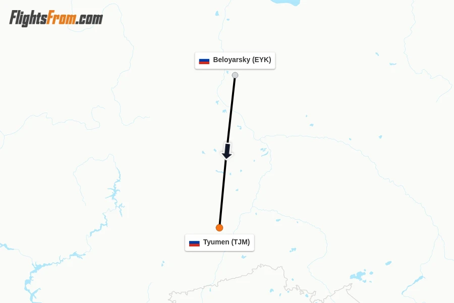 Flights from Beloyarsky to Tyumen route map