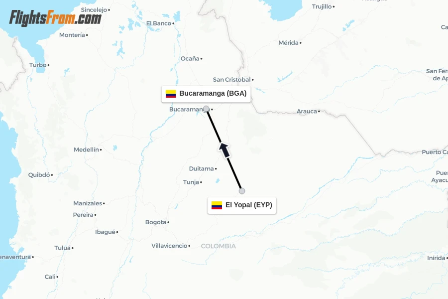 Flights from El Yopal to Bucaramanga route map