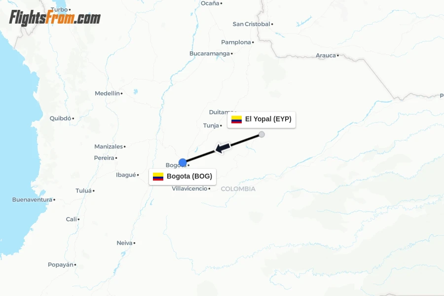 Flights from El Yopal to Bogota route map