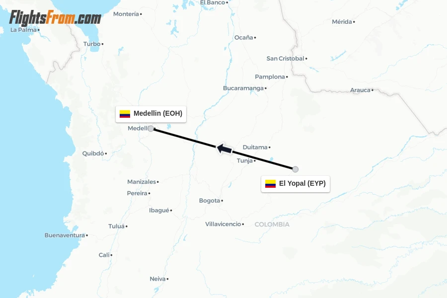Flights from El Yopal to Medellin route map