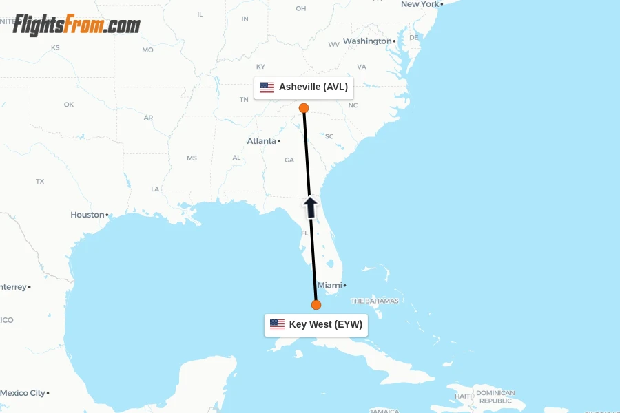 Flights from Key West to Asheville route map
