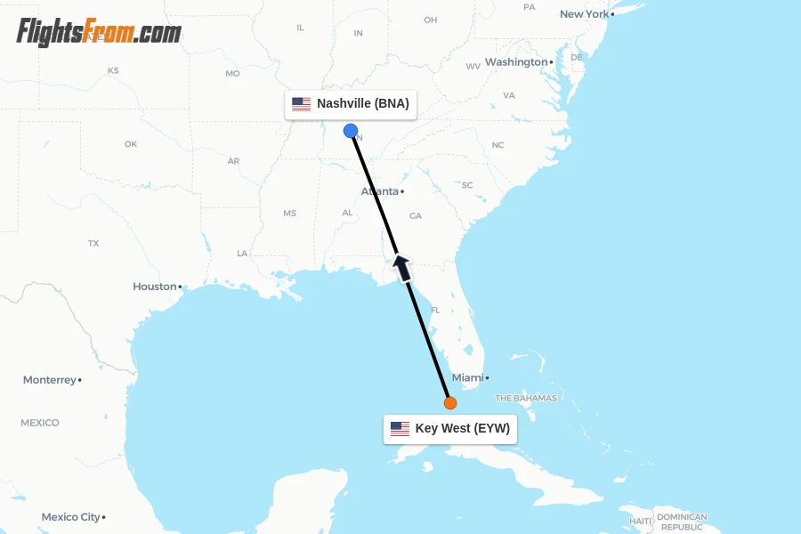 Flights from Key West to Nashville route map