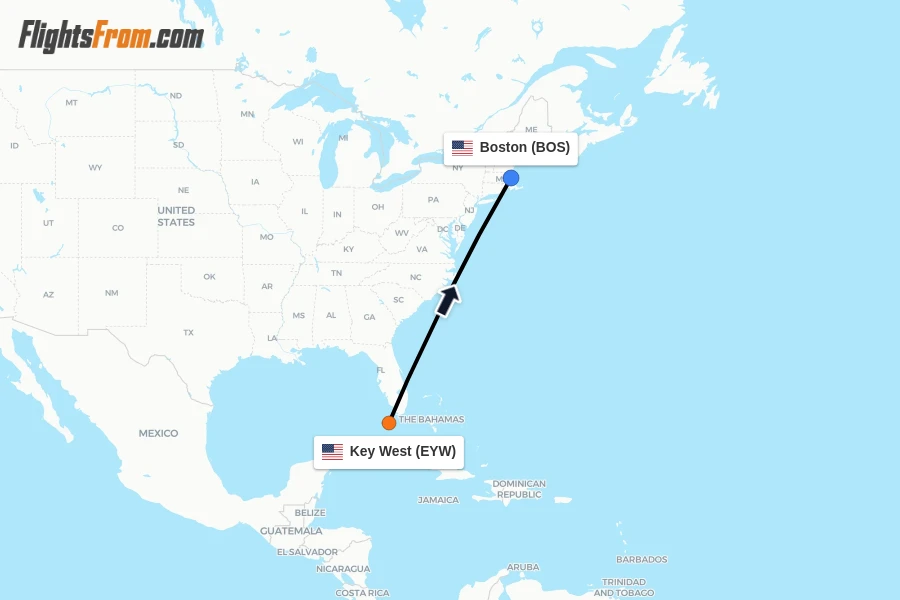 Flights from Key West to Boston route map