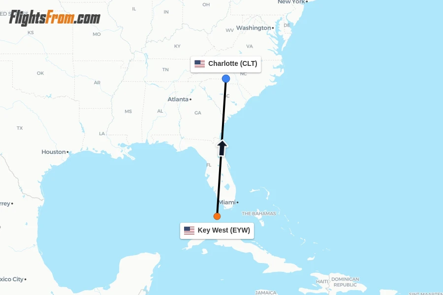 Flights from Key West to Charlotte route map
