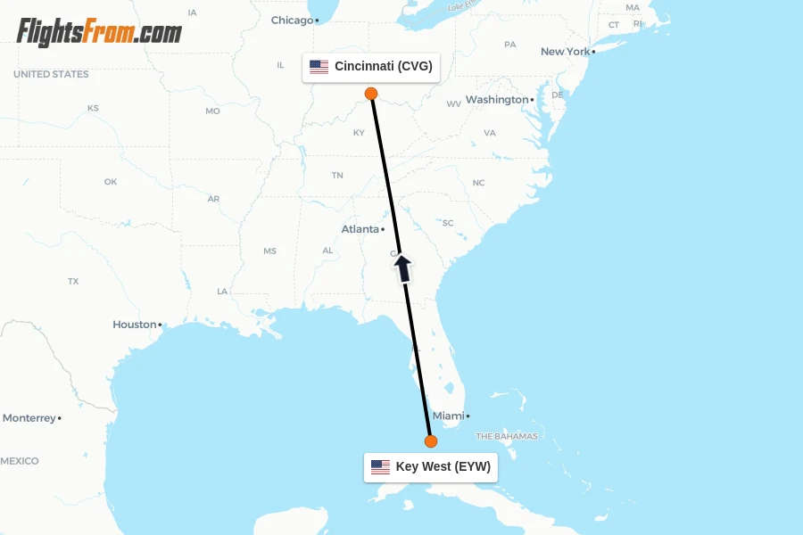 Flights from Key West to Cincinnati route map