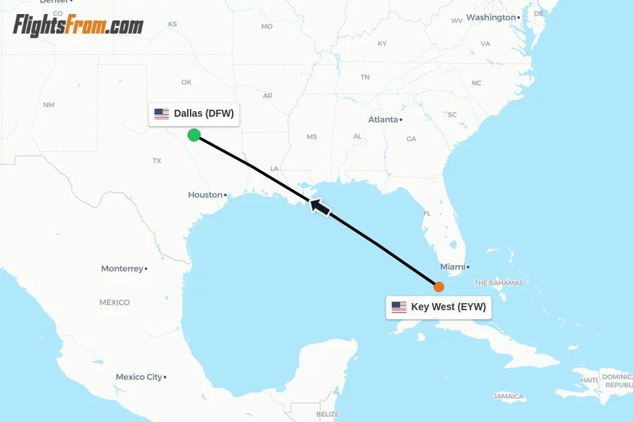 Flights from Key West to Dallas route map