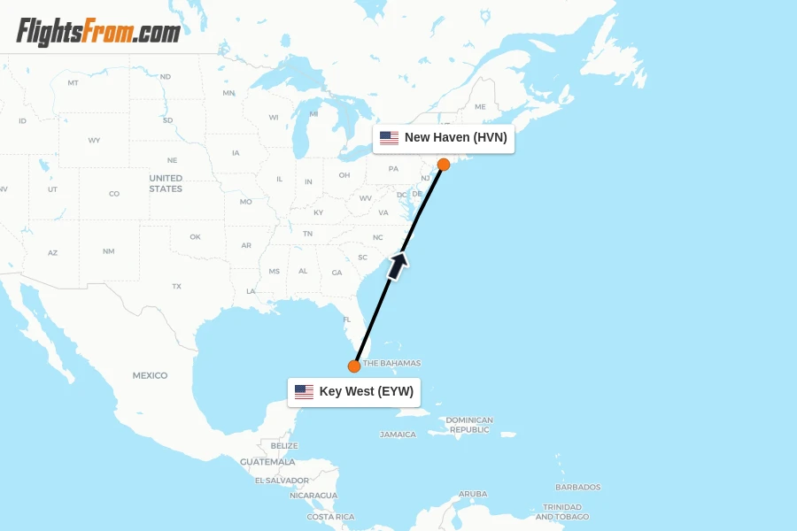 Flights from Key West to New Haven route map
