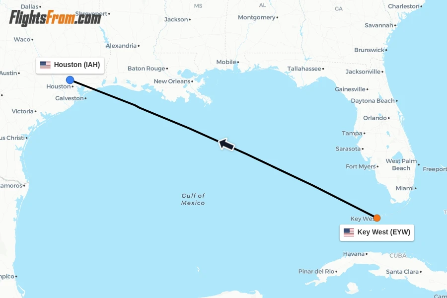 Flights from Key West to Houston route map