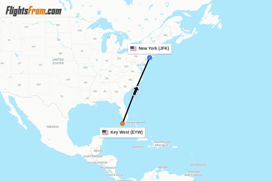 Flights from Key West to New York route map
