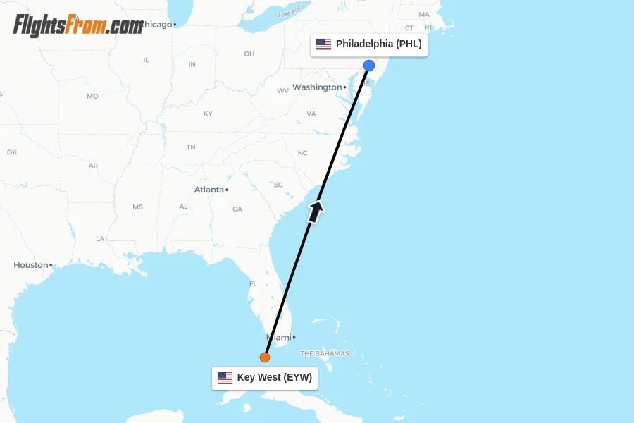 Flights from Key West to Philadelphia route map
