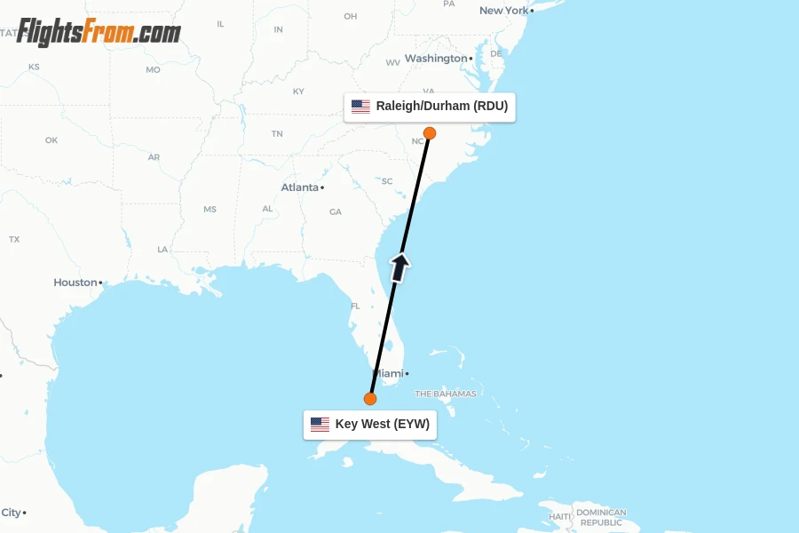 Flights from Key West to Raleigh/Durham route map