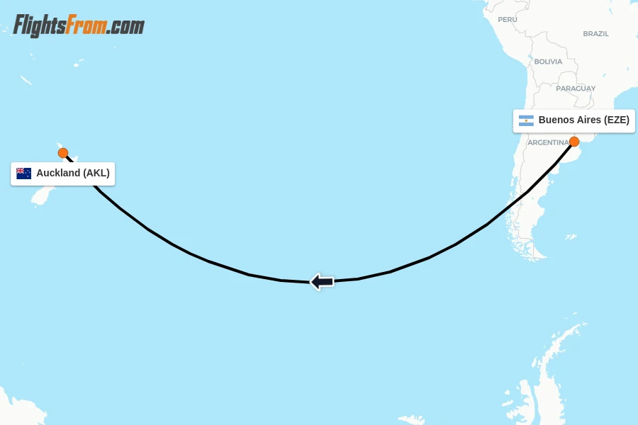 Flights from Buenos Aires to Auckland route map