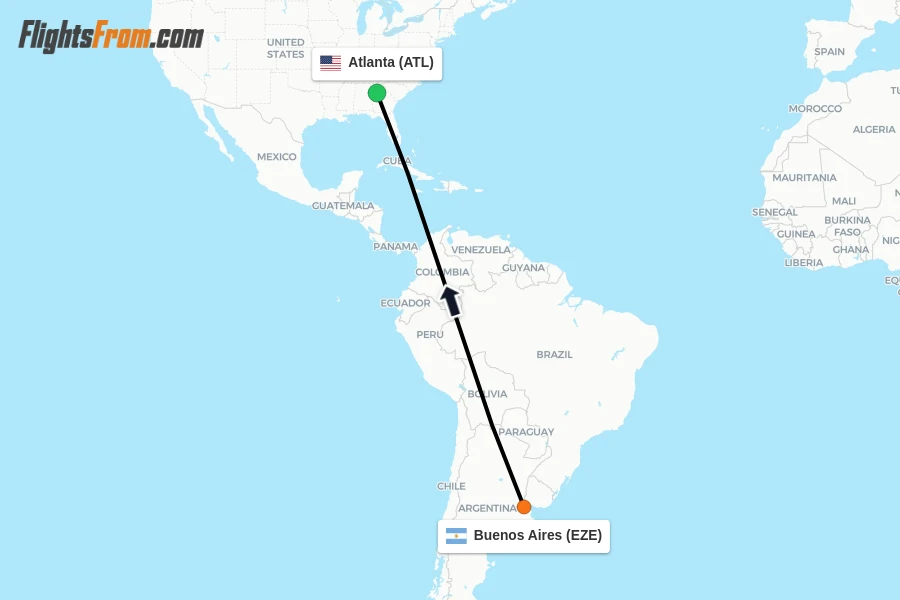 Flights from Buenos Aires to Atlanta route map