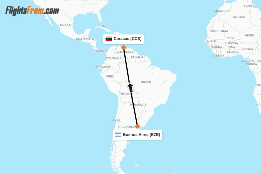 Flights from Buenos Aires to Caracas route map