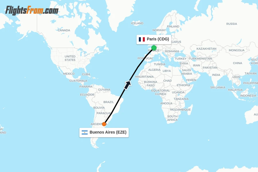Flights from Buenos Aires to Paris route map