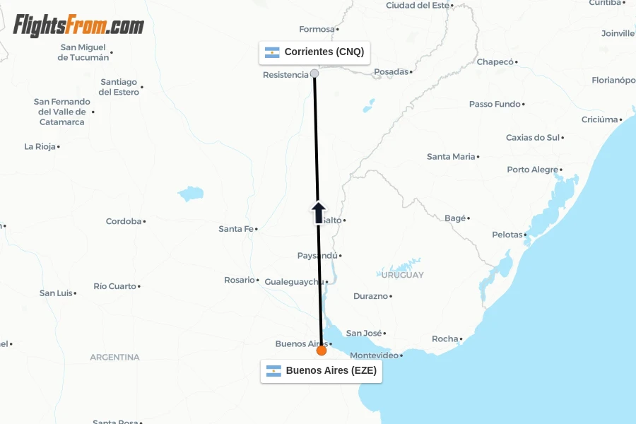 Flights from Buenos Aires to Corrientes route map