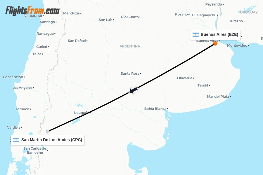 Flights from Buenos Aires to San Martin De Los Andes route map