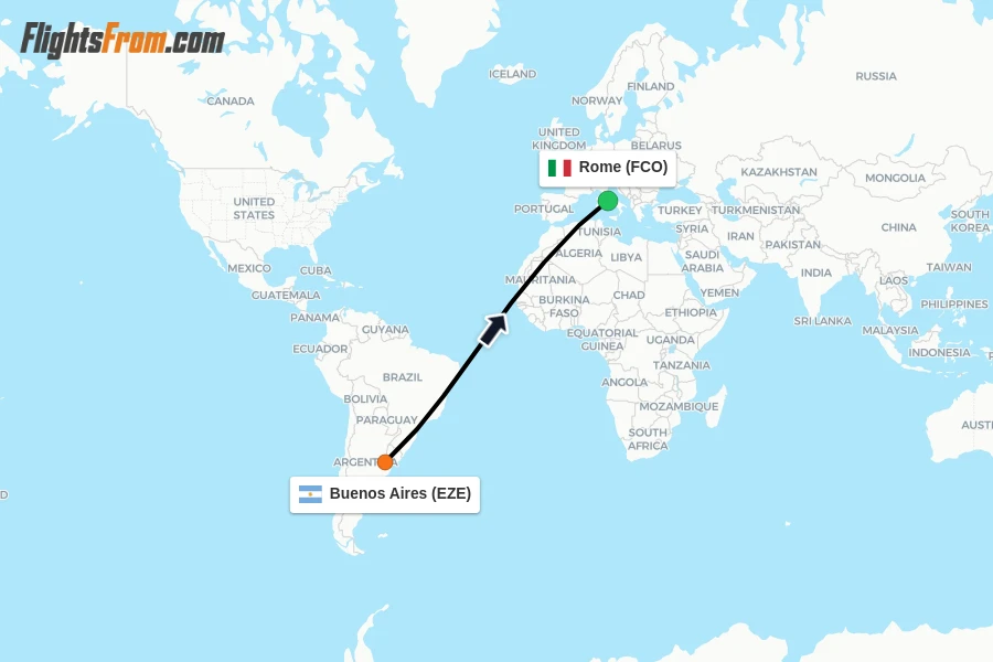 Flights from Buenos Aires to Rome route map