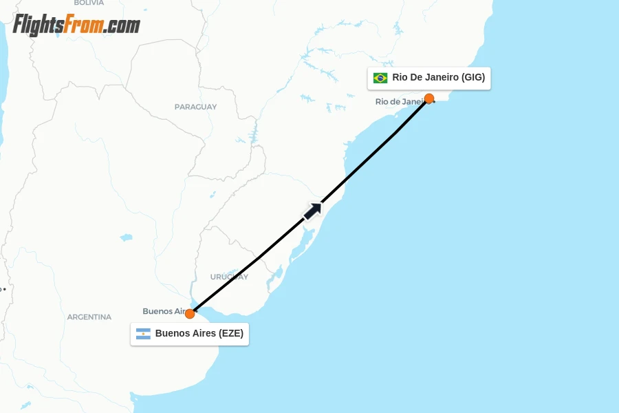 Flights from Buenos Aires to Rio De Janeiro route map
